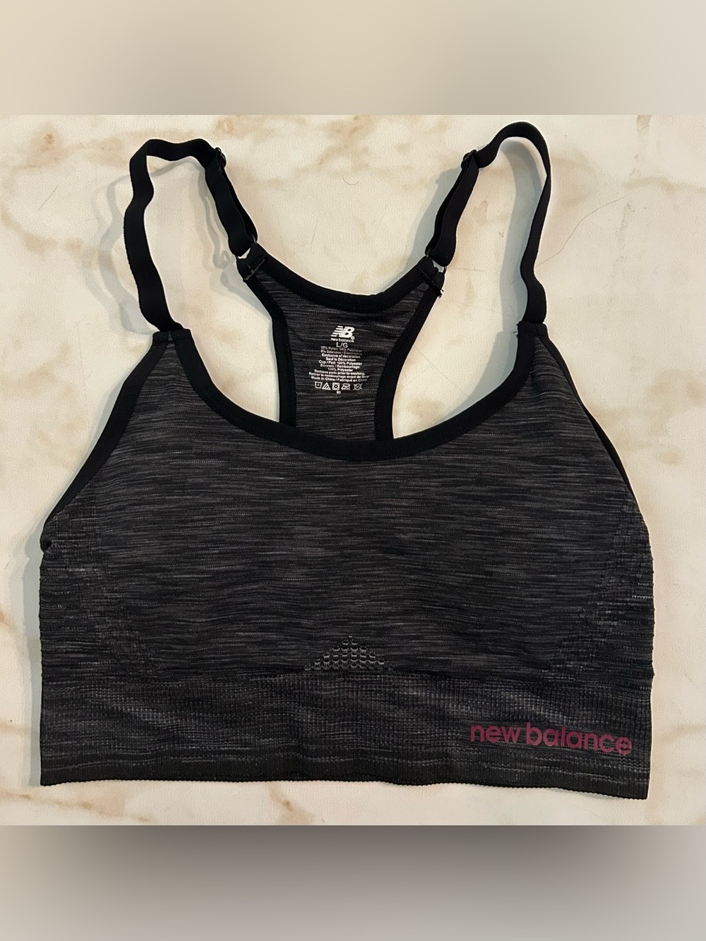 New Balance Women's Charcoal Gray Racerback Sports Bra with Pink Logo